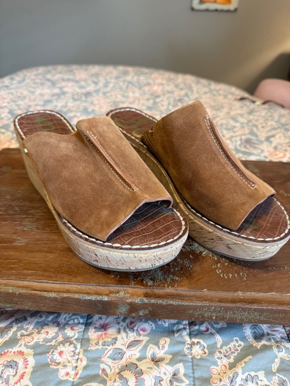 NWOT/Sam Edelman Tan Suede Cork Platform Slide Mules/8M/3" Heel